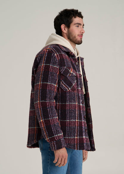 Sherpa Shirt Jacket for Tall Men in Burgundy and Navy Plaid