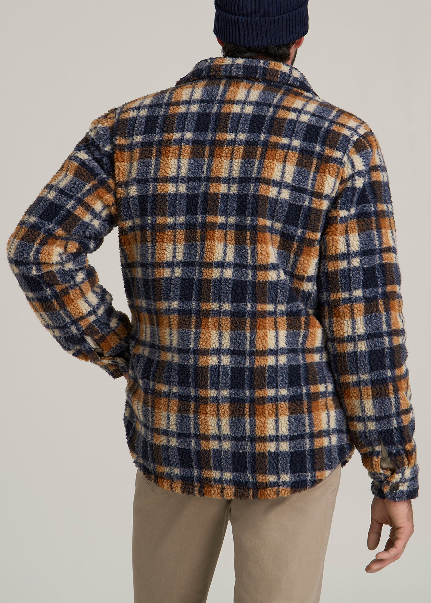 Tall Men's Sherpa Shirt Jacket in Dark Blue and Orange Plaid