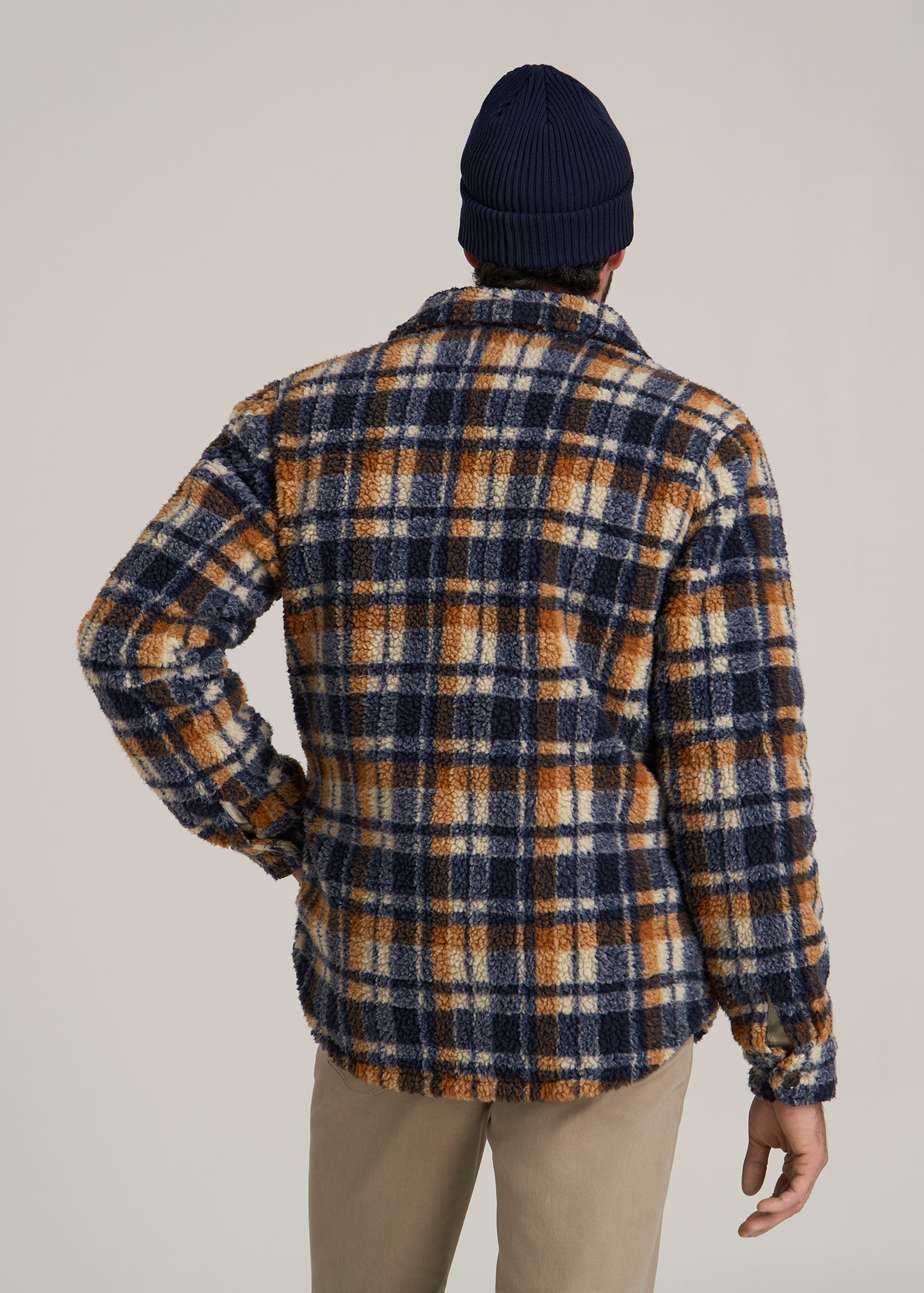Sherpa Shirt Jacket for Tall Men in Dark Blue and Orange Plaid
