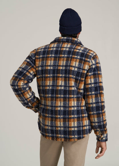 Sherpa Shirt Jacket for Tall Men in Dark Blue and Orange Plaid