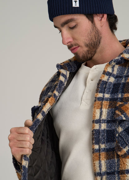 Sherpa Shirt Jacket for Tall Men in Dark Blue and Orange Plaid