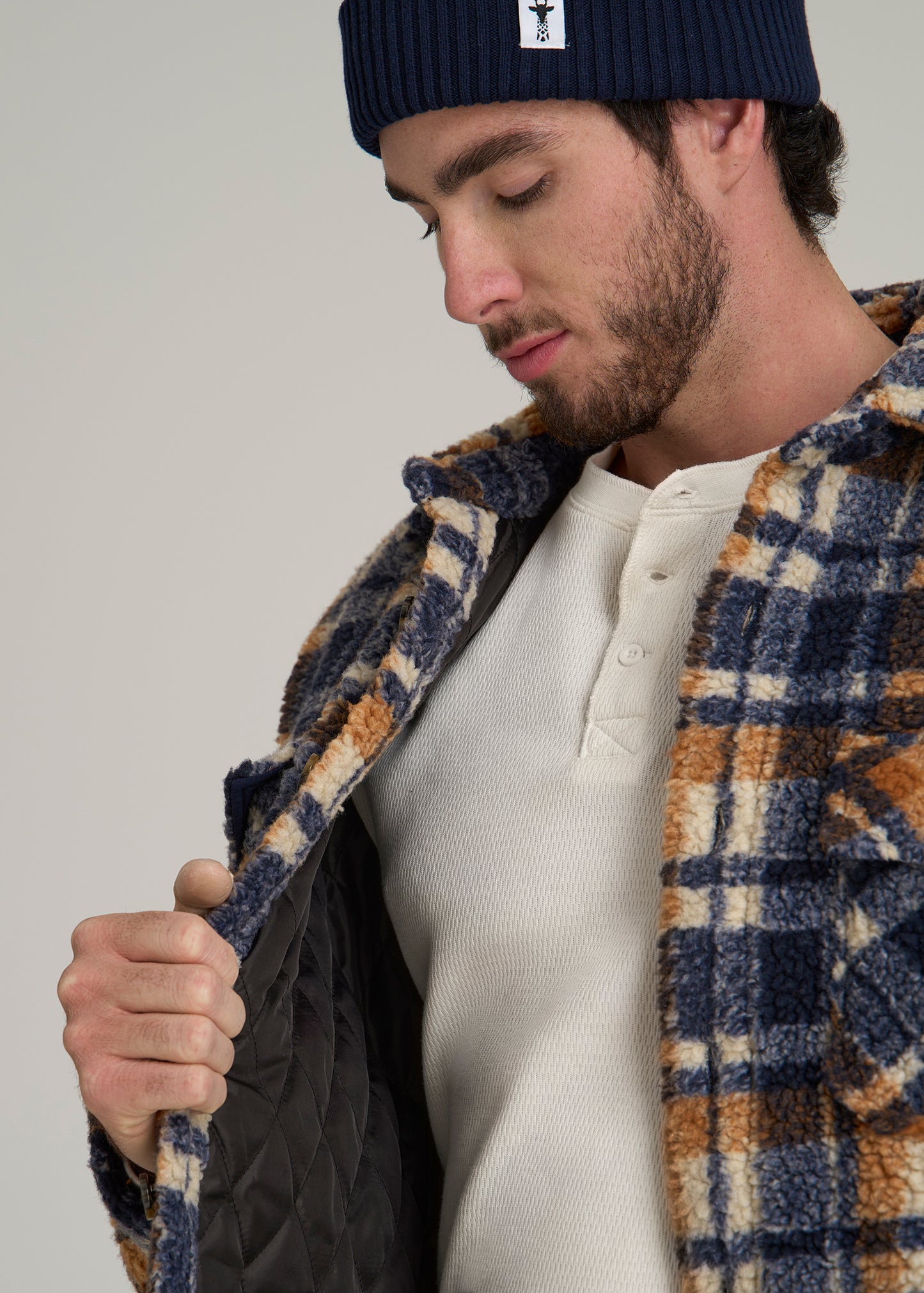 Tall Men's Sherpa Shirt Jacket in Dark Blue and Orange Plaid