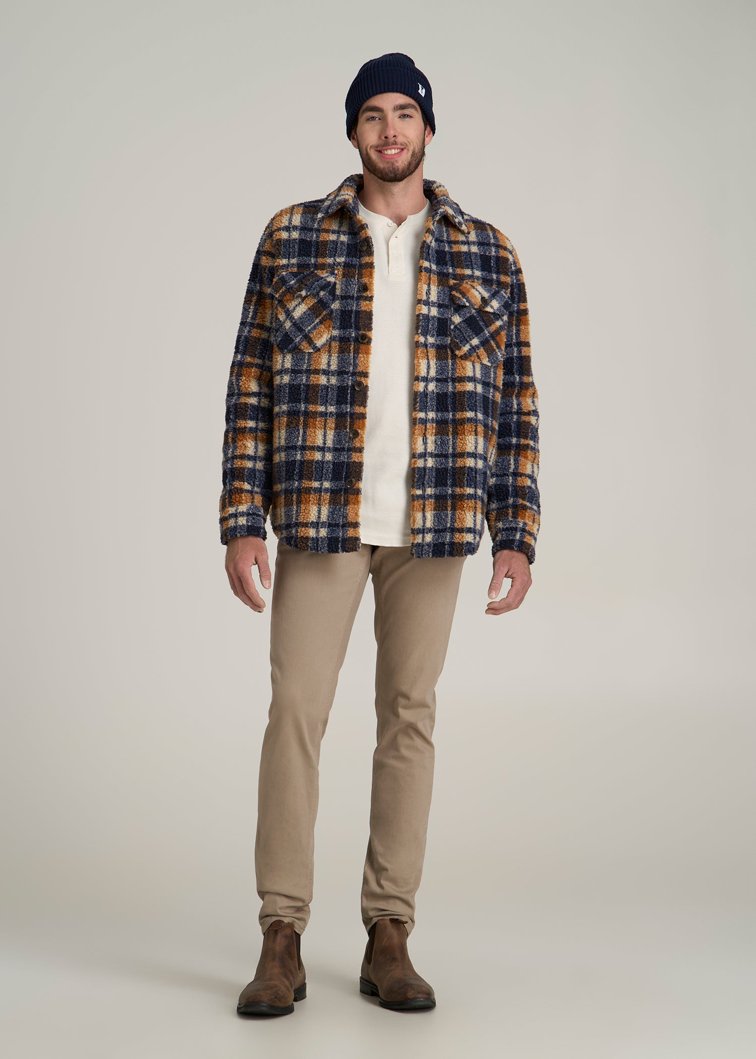 Sherpa Shirt Jacket for Tall Men in Dark Blue and Orange Plaid