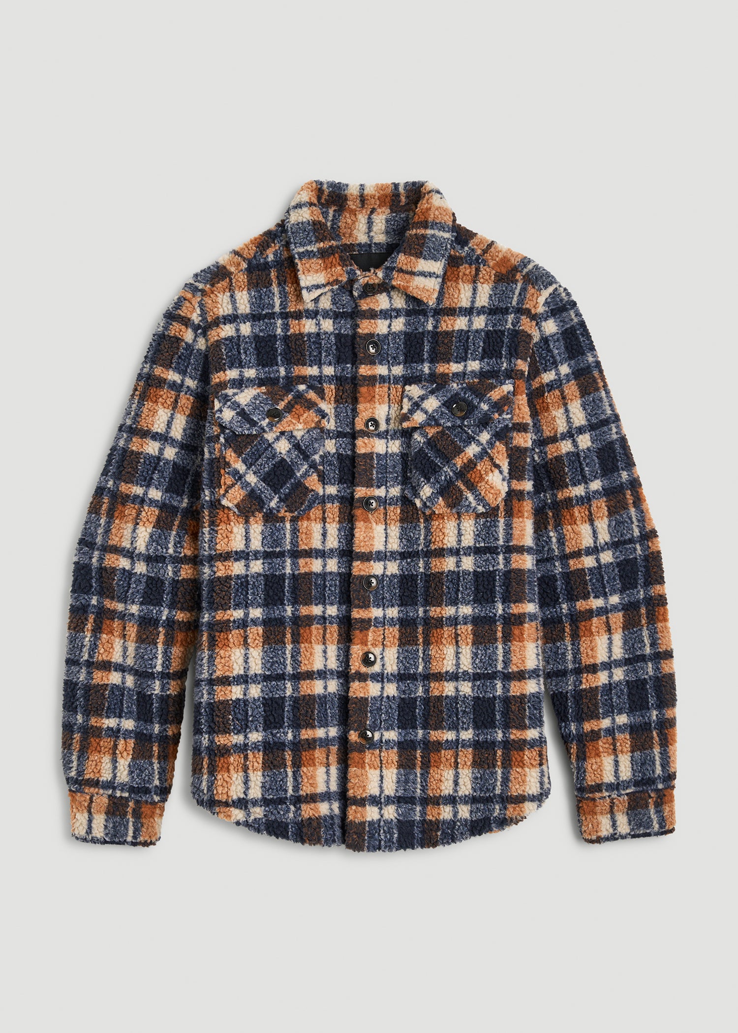 Sherpa Shirt Jacket for Tall Men in Dark Blue and Orange Plaid