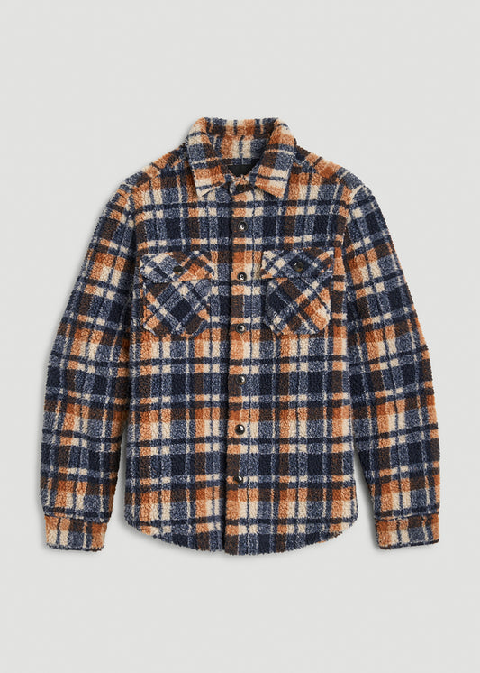 Tall Men's Sherpa Shirt Jacket in Dark Blue and Orange Plaid