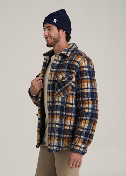 Sherpa Shirt Jacket for Tall Men in Dark Blue and Orange Plaid