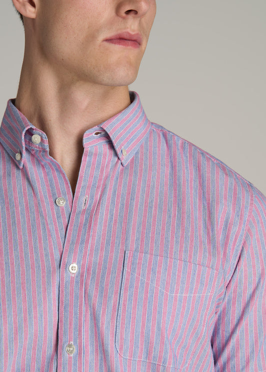 Short Sleeve Shirt for Tall Men in Blue and Rose Stripe