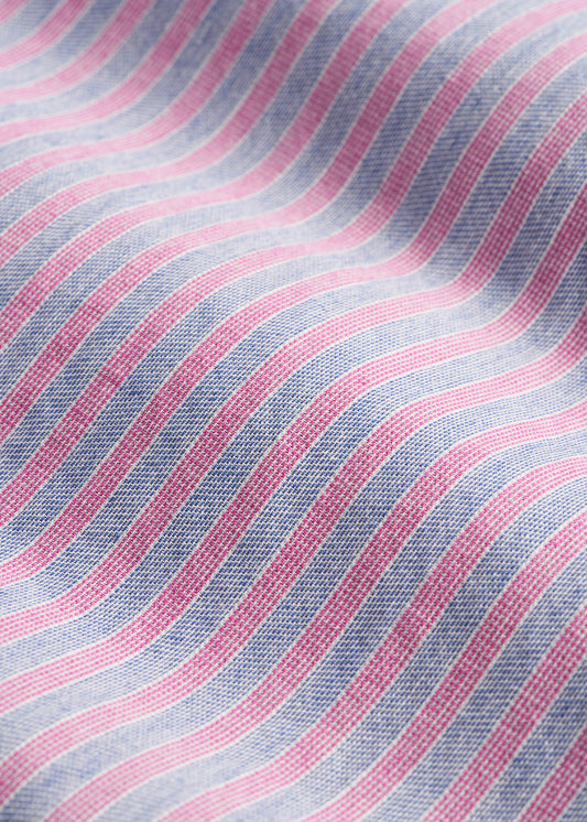 Short Sleeve Shirt for Tall Men in Blue and Rose Stripe