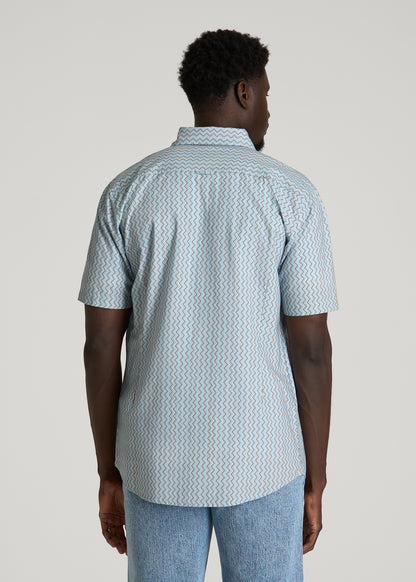 Short Sleeve Shirt for Tall Men in Ice Blue Abstract Stripe