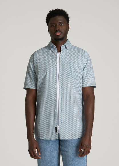 Short Sleeve Shirt for Tall Men in Ice Blue Abstract Stripe