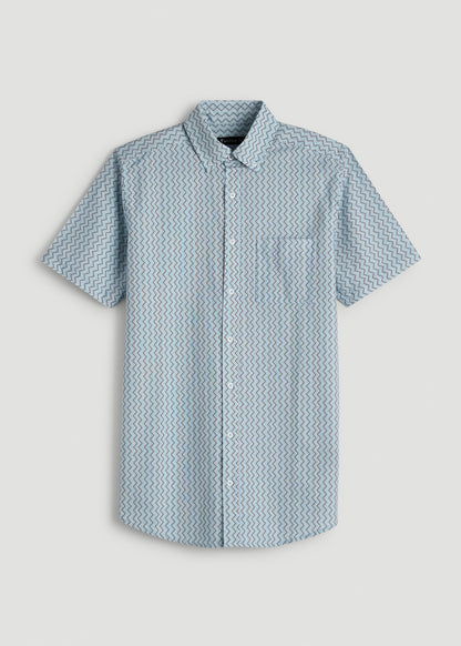 Short Sleeve Shirt for Tall Men in Ice Blue Abstract Stripe