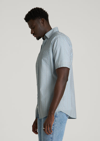 Short Sleeve Shirt for Tall Men in Ice Blue Abstract Stripe