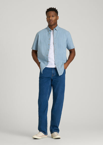 Short Sleeve Chambray Shirt for Tall Men in Light Blue Chambray