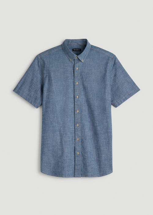 Short Sleeve Chambray Shirt for Tall Men in Mid Blue Chambray