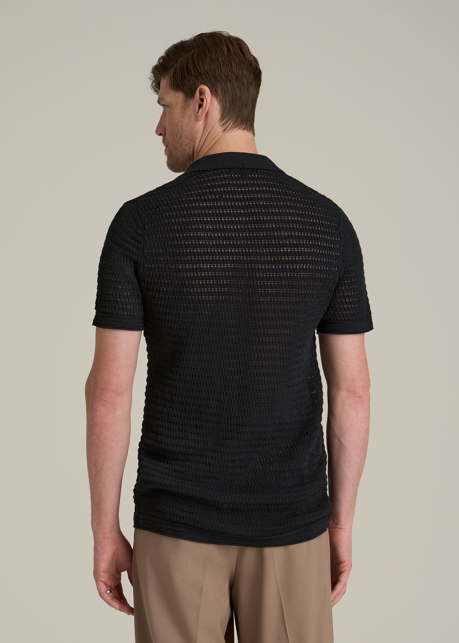 Short Sleeve Crochet Polo Cardigan for Tall Men in Black