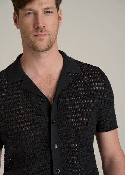 Short Sleeve Crochet Polo Cardigan for Tall Men in Black