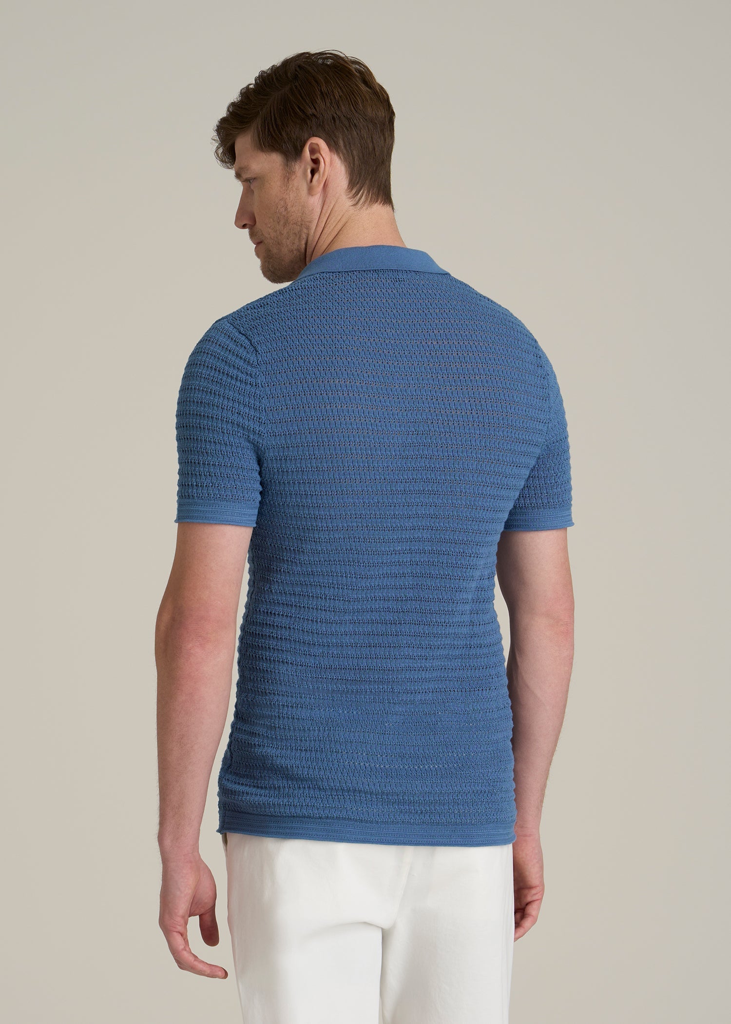Short Sleeve Crochet Polo Cardigan for Tall Men in Deep Cobalt