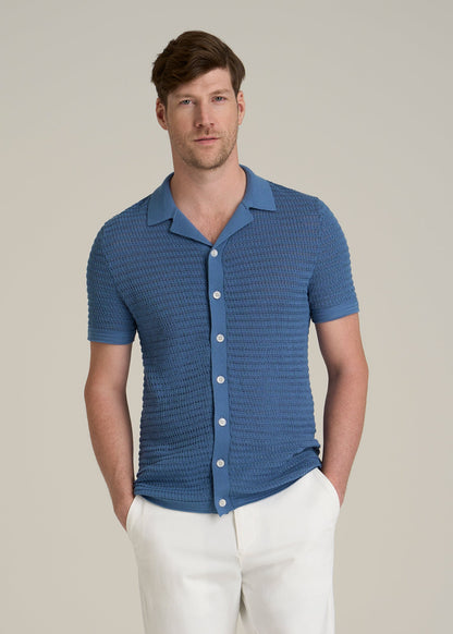 Short Sleeve Crochet Polo Cardigan for Tall Men in Deep Cobalt