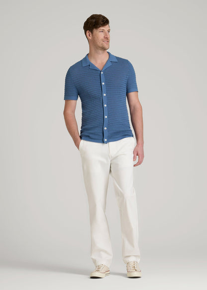 Short Sleeve Crochet Polo Cardigan for Tall Men in Deep Cobalt