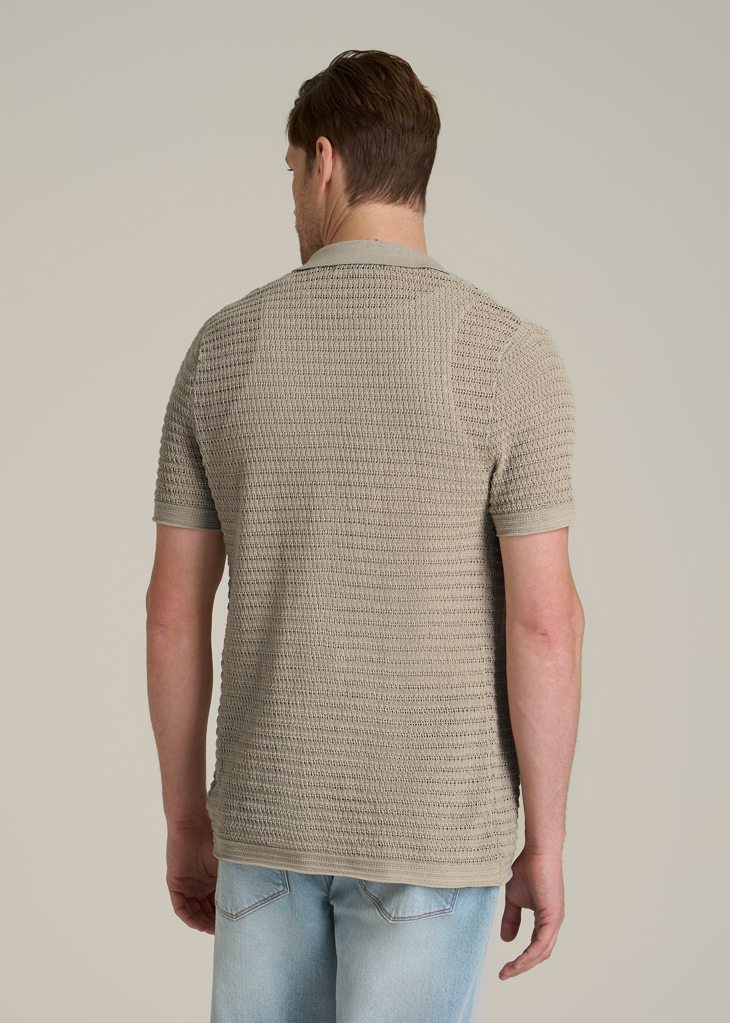 Short Sleeve Crochet Polo Cardigan for Tall Men in Light Khaki