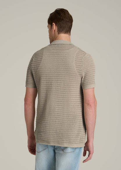 Short Sleeve Crochet Polo Cardigan for Tall Men in Light Khaki