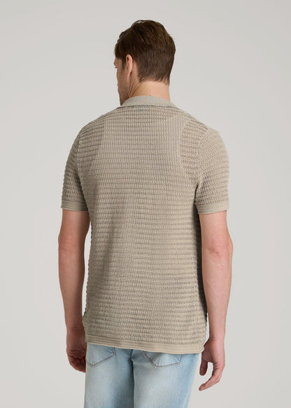 Short Sleeve Crochet Polo Cardigan for Tall Men in Light Khaki