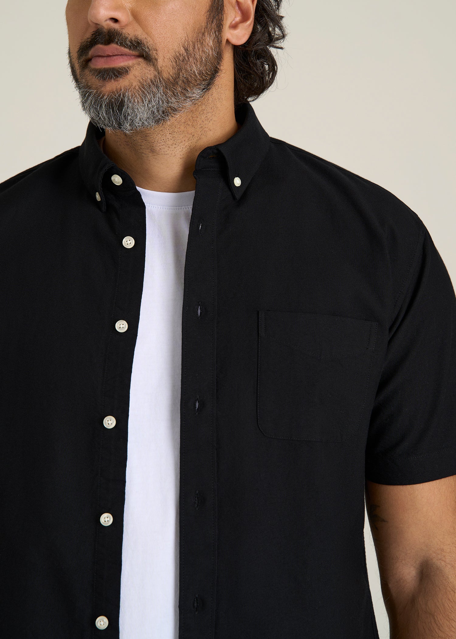 Short Sleeve Oxford Button Shirt For Tall Men in Black