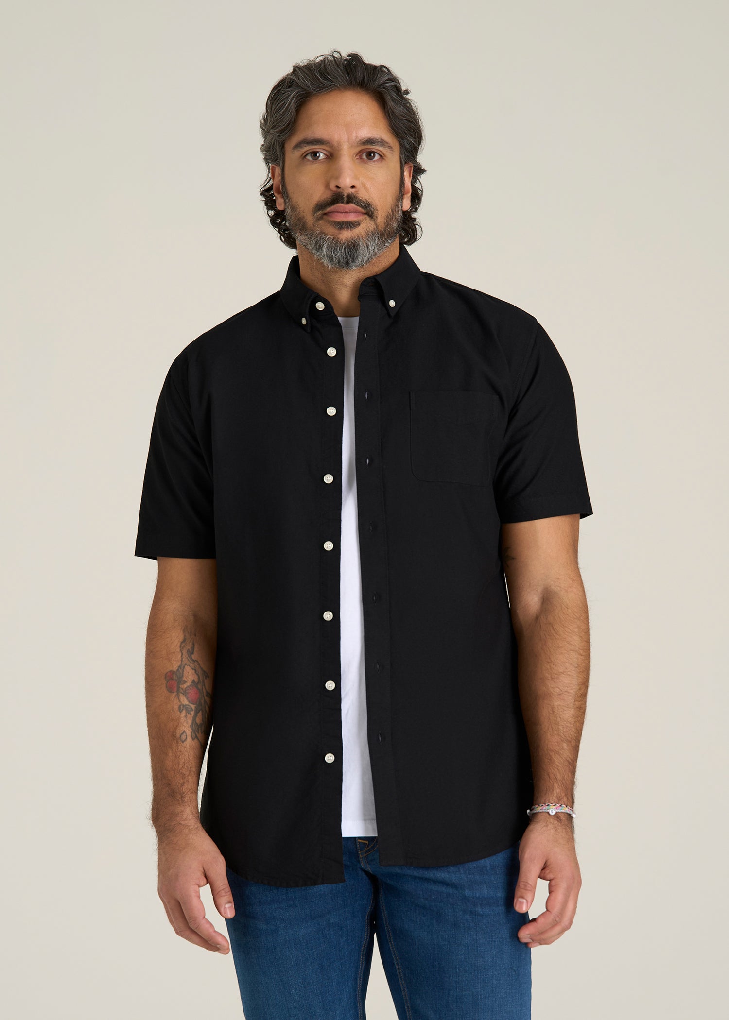 Short Sleeve Oxford Button Shirt For Tall Men in Black