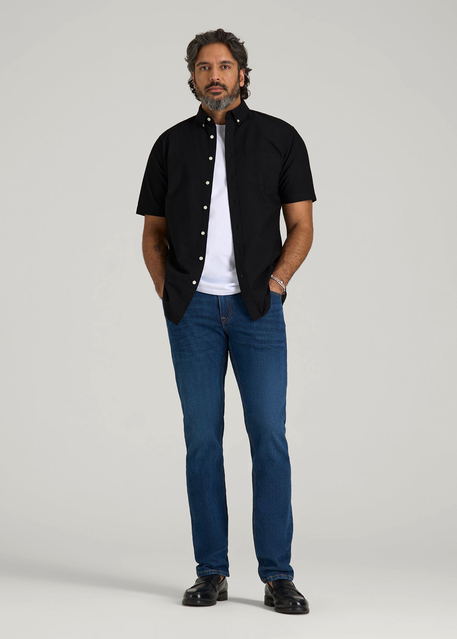 Short Sleeve Oxford Button Shirt For Tall Men in Black
