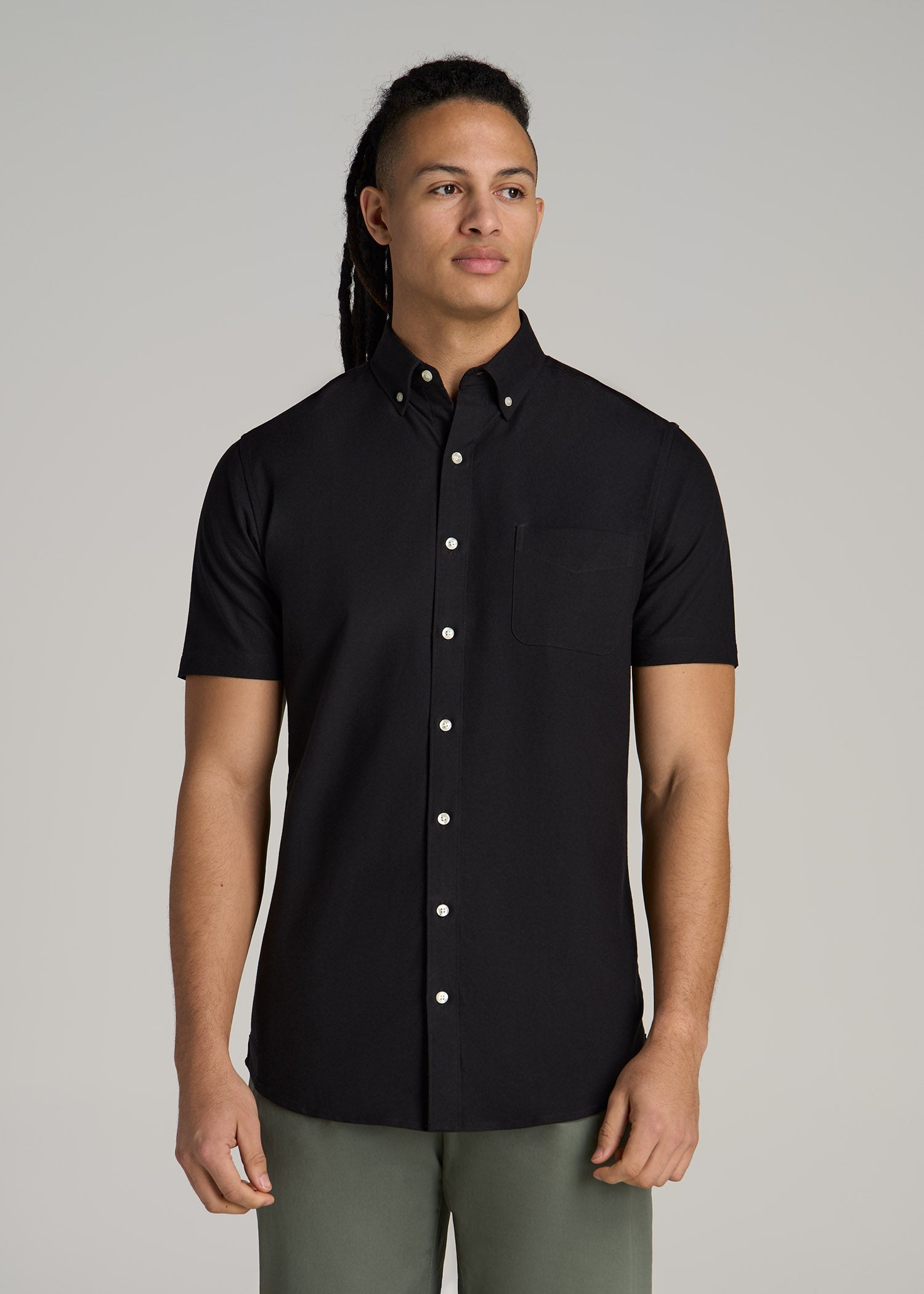 Short Sleeve Oxford Button Shirt For Tall Men in Black