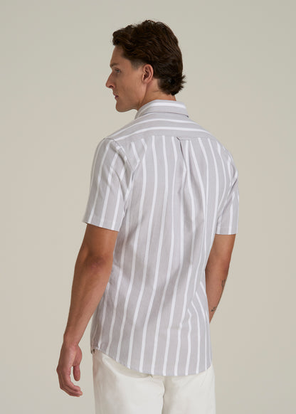 Short Sleeve Oxford Button Shirt For Tall Men in Bold Grey Stripe