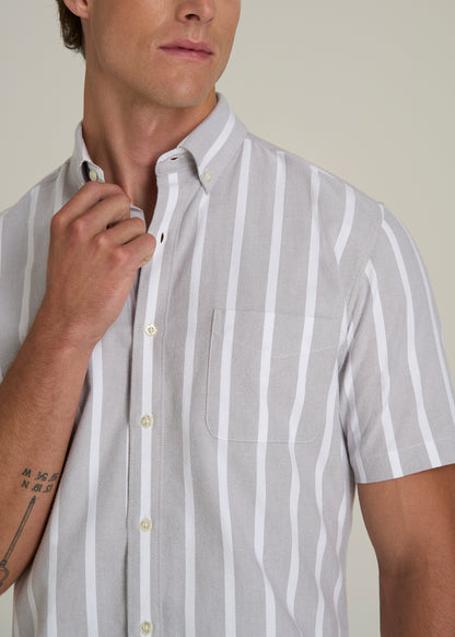 Short Sleeve Oxford Button Shirt For Tall Men in Bold Grey Stripe
