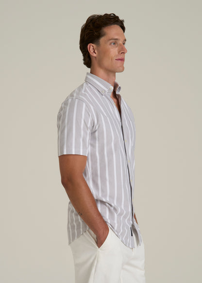 Short Sleeve Oxford Button Shirt For Tall Men in Bold Grey Stripe
