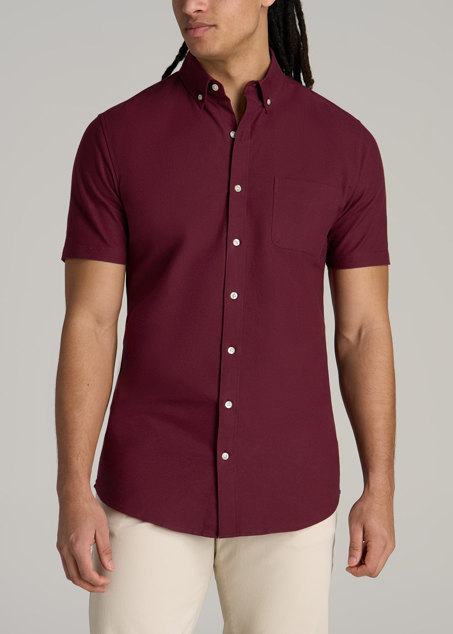 Short Sleeve Oxford Button Shirt For Tall Men in Dark Cherry