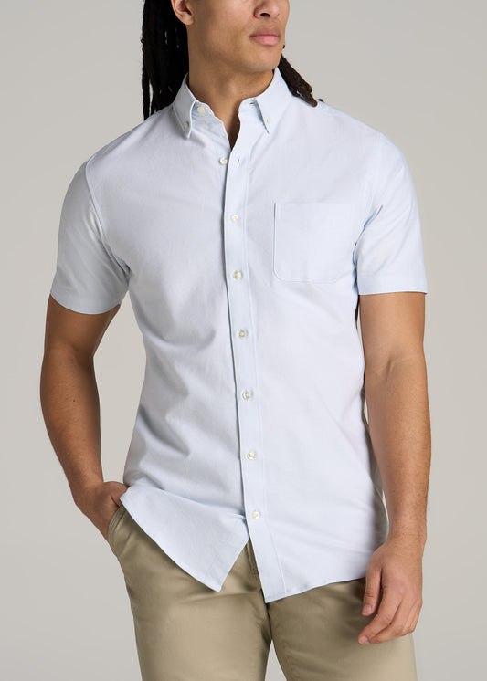 Short Sleeve Oxford Button Shirt For Tall Men in Light Blue