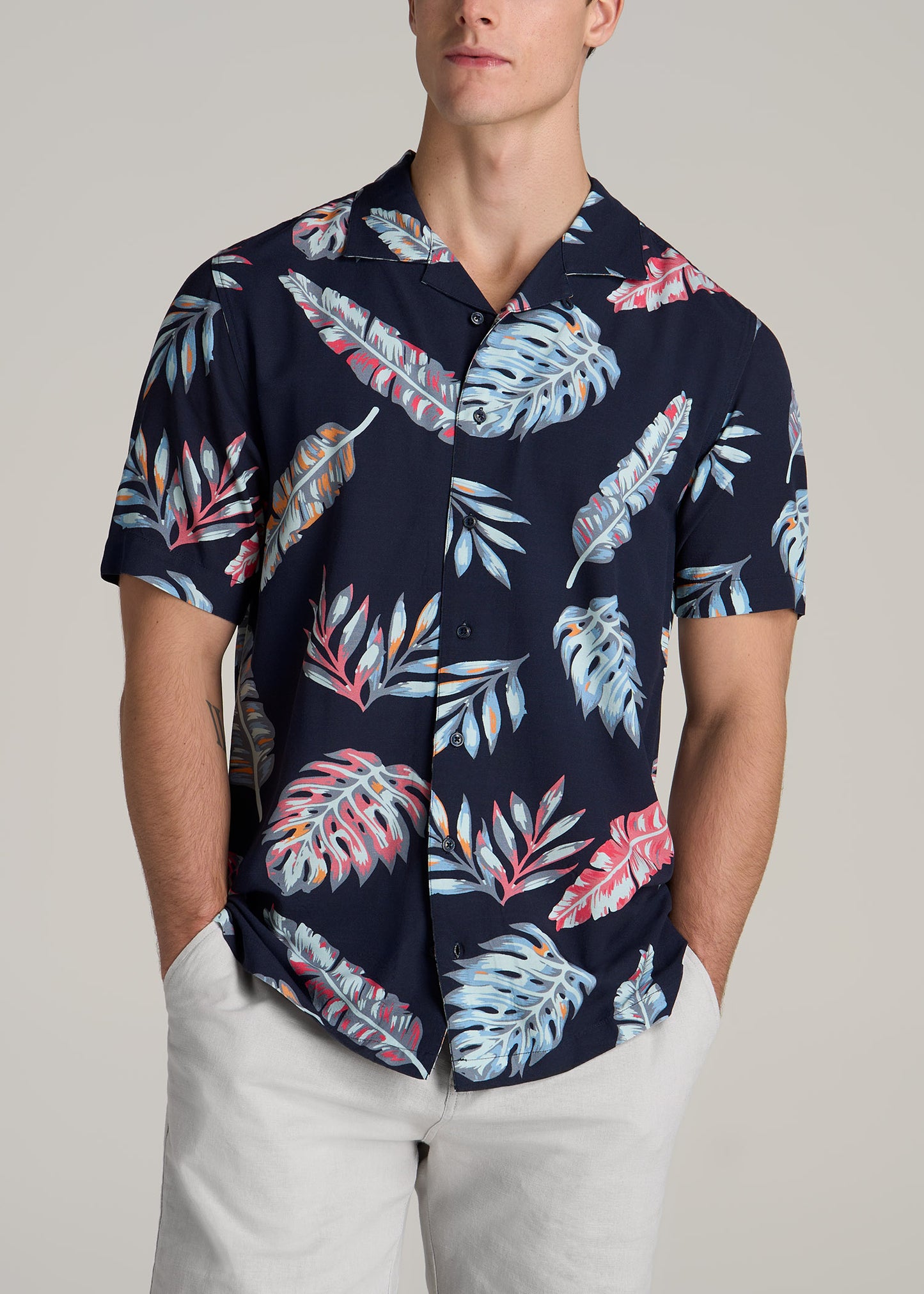Short Sleeve Resort Shirt for Tall Men in Indigo Floral Print