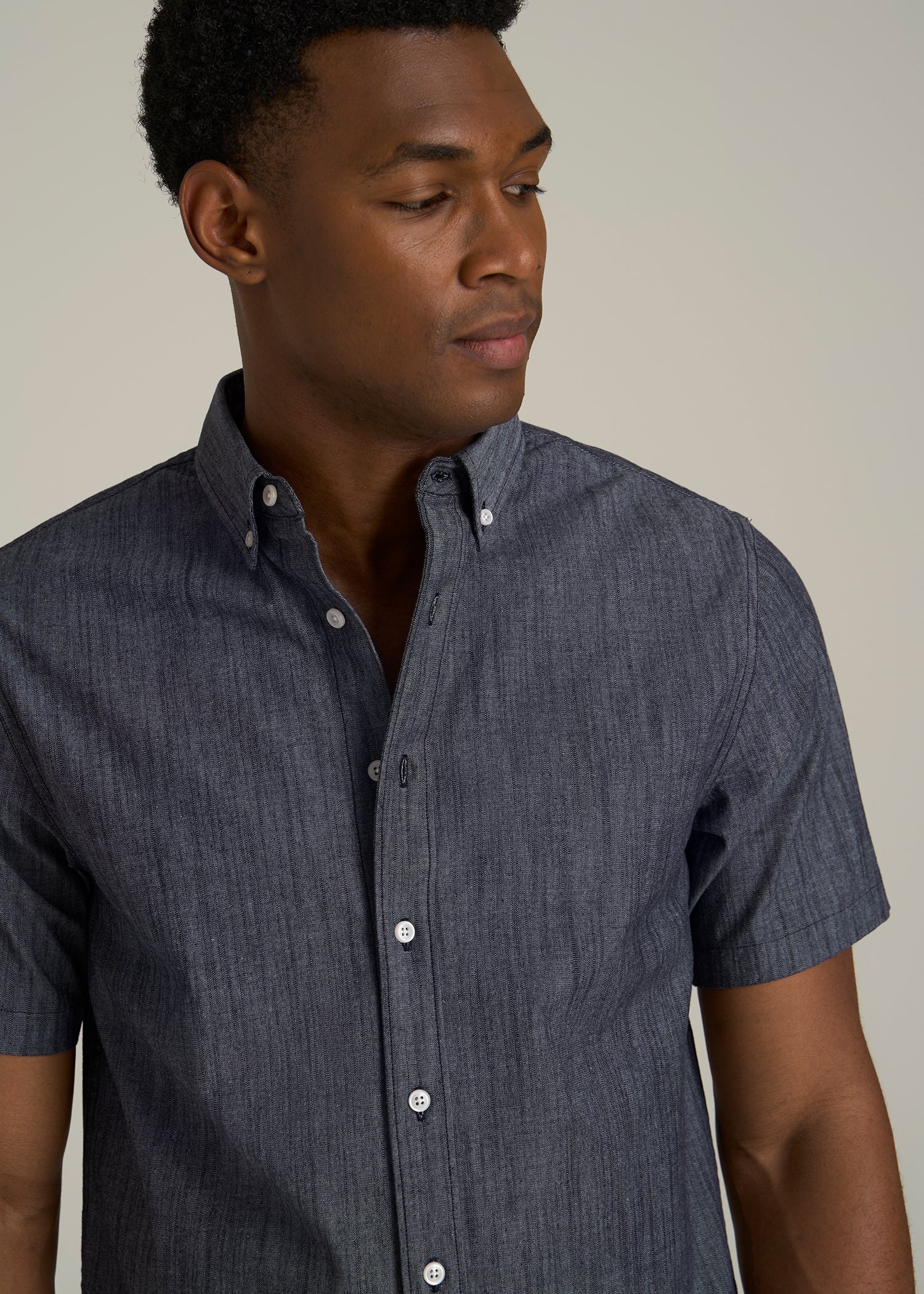 Short Sleeve Stretch Chambray Shirt for Tall Men in Dark Blue Chambray
