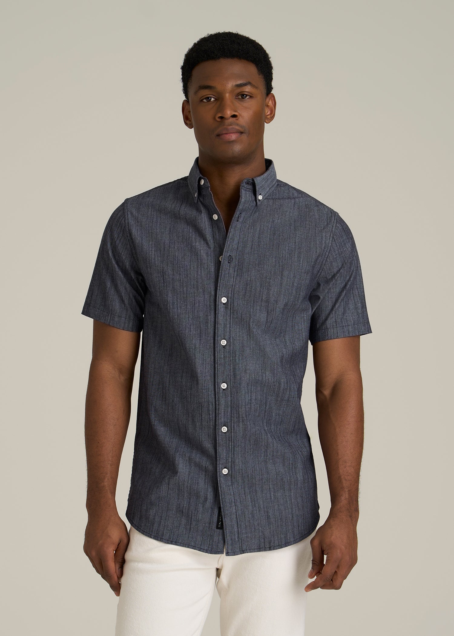 Short Sleeve Stretch Chambray Shirt for Tall Men in Dark Blue Chambray