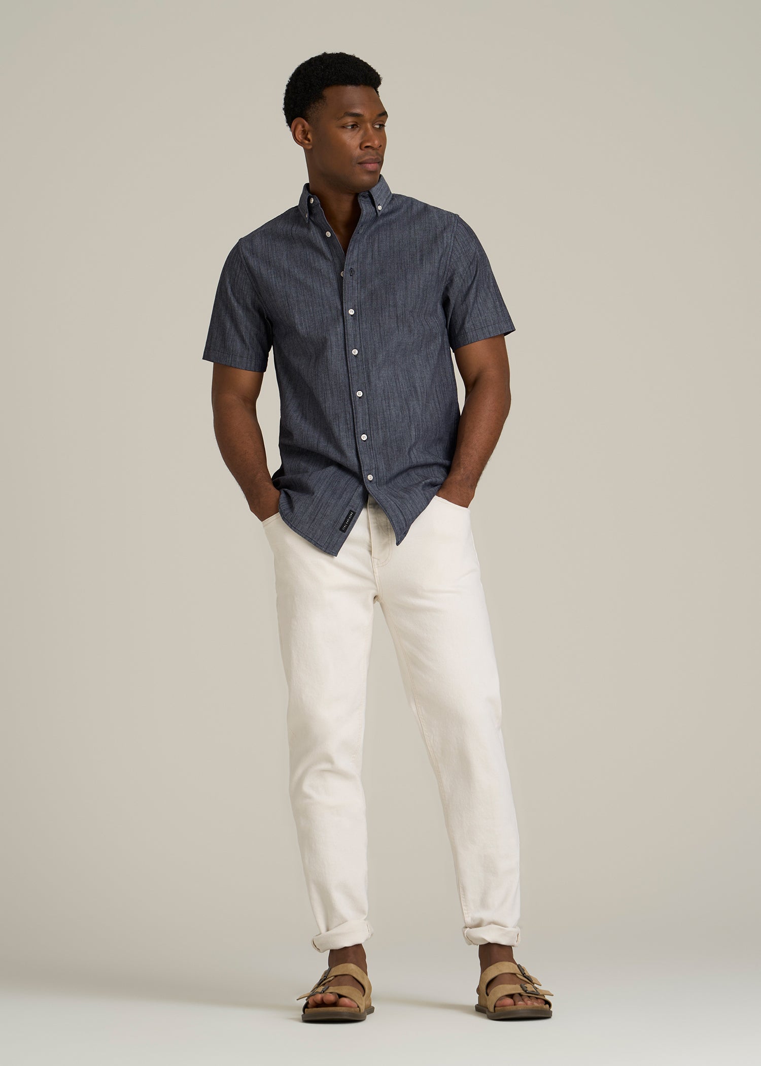 Short Sleeve Stretch Chambray Shirt for Tall Men in Dark Blue Chambray