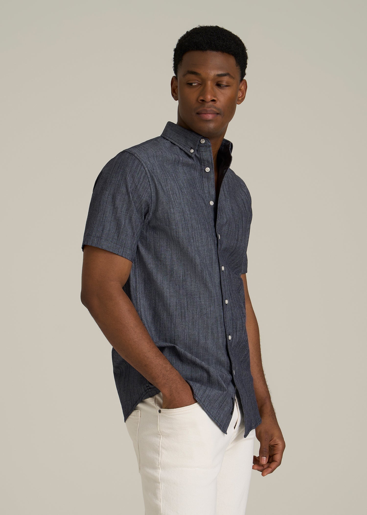 Short Sleeve Stretch Chambray Shirt for Tall Men in Dark Blue Chambray