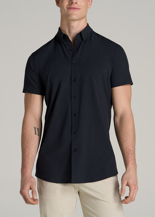 Short Sleeve Traveler Stretch Button Shirt for Tall Men in Black