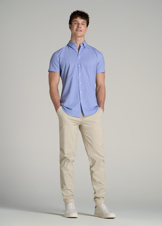 Short Sleeve Traveler Stretch Button Shirt for Tall Men in Blue Diamond Print