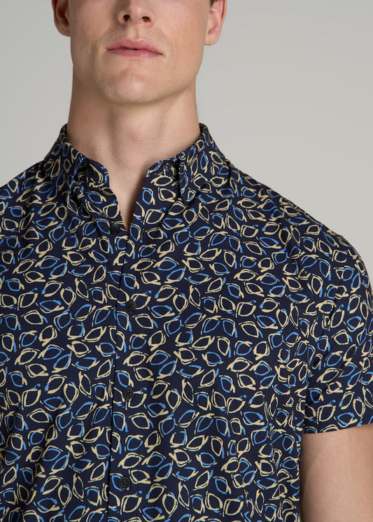 Short Sleeve Traveler Stretch Button Shirt for Tall Men in Blue and Yellow Abstract