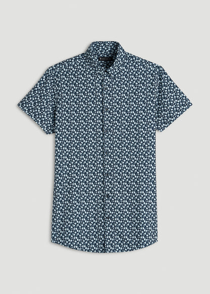 Short Sleeve Traveler Stretch Button Shirt for Tall Men in Ice Blue Mini Floral