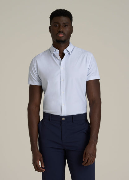 Short Sleeve Traveler Stretch Button Shirt for Tall Men in Light Grey Chevron