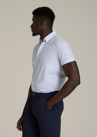 Short Sleeve Traveler Stretch Button Shirt for Tall Men in Light Grey Chevron