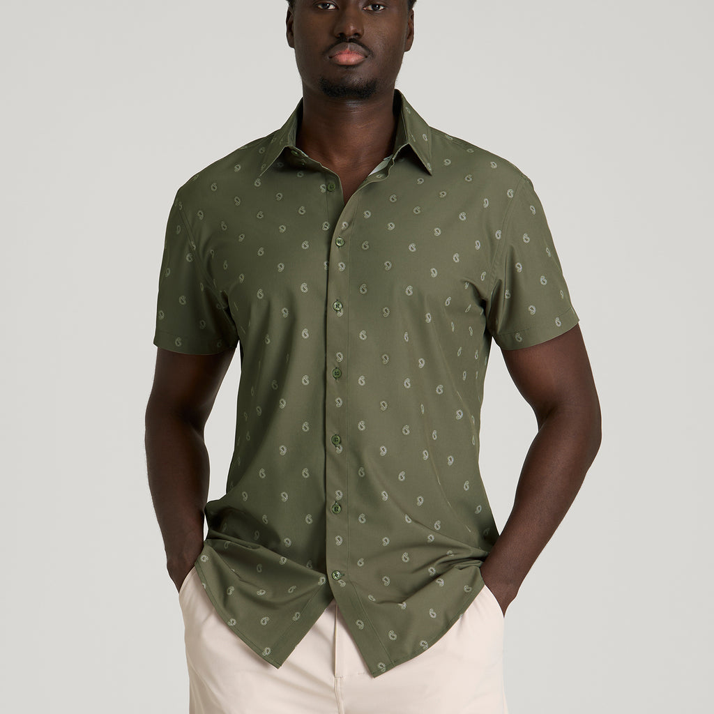 Short Sleeve Traveler Stretch Button Shirt for Tall Men in Olive Mini Paisley M / Extra Tall / Olive Mini Paisley Short Sleeve Traveler Stretch Button Shirt for Tall Men in Olive Mini Paisley M / Extra Tall / Olive Mini Paisley