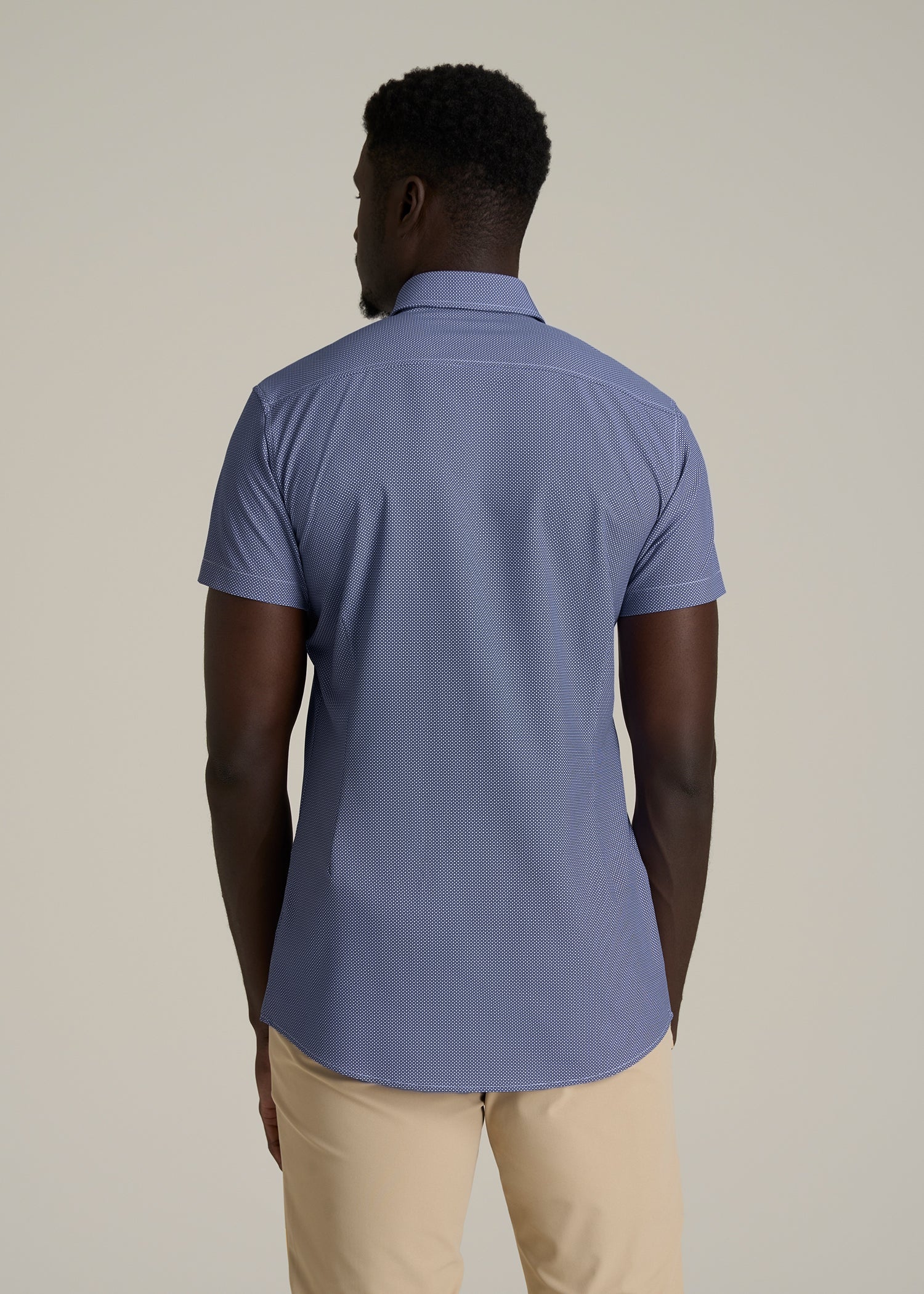 Short Sleeve Traveler Stretch Button Shirt for Tall Men in Royal Blue Geometric