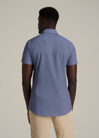 Short Sleeve Traveler Stretch Button Shirt for Tall Men in Royal Blue Geometric