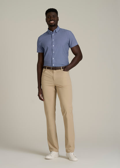 Short Sleeve Traveler Stretch Button Shirt for Tall Men in Royal Blue Geometric